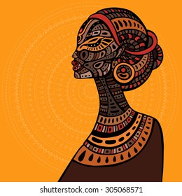 Profile of beautiful African woman. Hand drawn ethnic illustration.