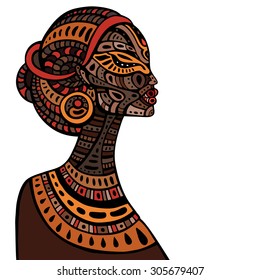 Profile of beautiful African woman. Hand drawn ethnic illustration.