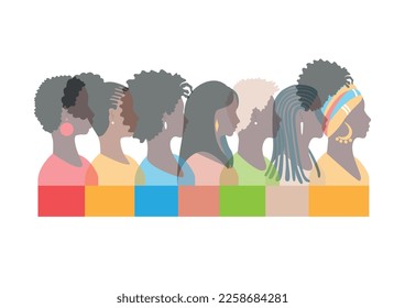 Profile of beautiful black girls with different hairstyles stand together on a white background. A group of African American girls. Vector horizontal illustration.