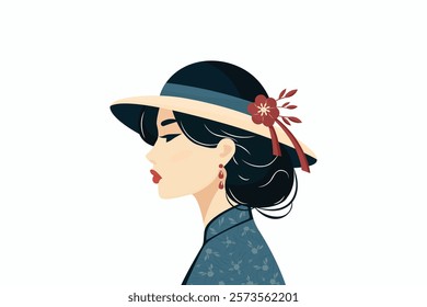 profile of a beautiful Chinese girl wearing a hat and national dress flat illustration