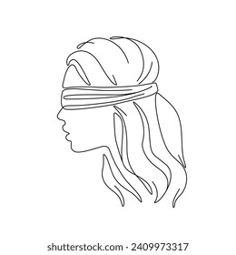 Profile of beautiful girl blindfolded abstract psychology mood closed eyes, line art, isolated vector illustration, tattoo, print and logo design, silhouette single line on white background. 