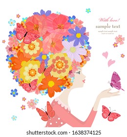 profile of beautiful girl with floral hairstyle holding a fluttering butterfly, surrounded by flying little flowers. romantic card template for your design