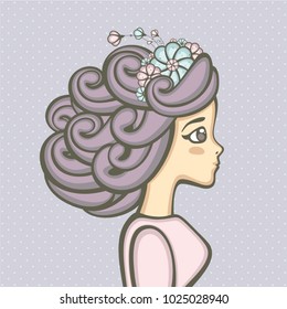 Profile of the beautiful girl with flowers in curly hair. Fashion vector illustration. Cute Romantic portrait.