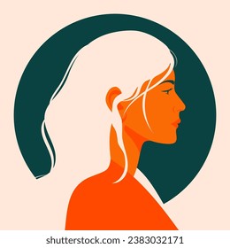 Profile of a beautiful girl with flowers in her hair. Vector illustration in flat, simple style. Design element for posters, prints for clothing, banners, covers, websites, social networks, logo