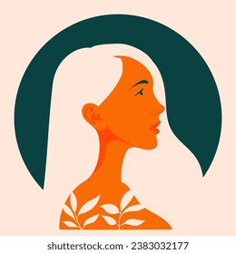 Profile of a beautiful girl with flowers in her hair. Vector illustration in flat, simple style. Design element for posters, prints for clothing, banners, covers, websites, social networks, logo