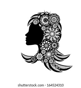 Profile of beautiful girl with flowers on her head. Vector