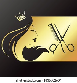 Profile of a beautiful girl with a golden crown, scissors and a comb, design for a beauty salon