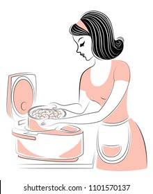 Profile of a beautiful lady. The girl is preparing a food for the multi-cooker. A woman is a good housewife and a cook. Vector illustration.
