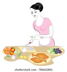 Profile of a beautiful lady. The girl is preparing food. She covers the table, cuts onions, vegetables, cooks fish. A woman is a good housewife. Vector illustration.