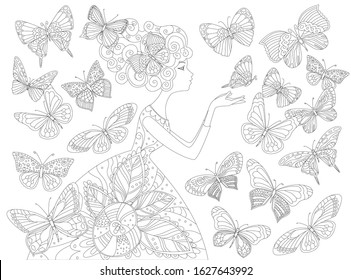 profile of beautiful lady standing with her hands extended in surrounded flying butterflies for your coloring book