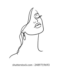 Profile of a beautiful linear woman with an earring. Stock vector illustration. Logo.Beautiful young woman in earring. Continuous line. 