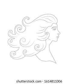 Profile of a beautiful woman with flying hair, contour drawing. Female beauty concept, design for women's day. Vector illustration.