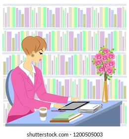 Profile of a beautiful young lady. A girl sits at a table in the library. A woman works as a librarian. Near the shelves with books. Vector illustration.