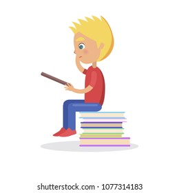 Profile of blond boy sitting on heap of books, self education and getting knowledge concept. Pupil study interesting enciclopedia vector illustration