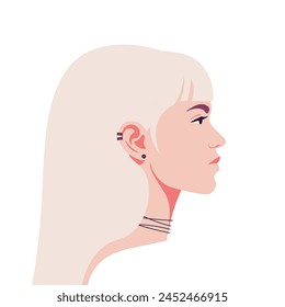 A profile of a blond young woman with piercing. Side view. Fashion model. Vector flat illustration