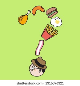 Profile Of Boy Looking Up To Fry Food In The Shape Of Question Mark Over A Green Background. Man Deciding What Fast Food Or Junk food To Eat Concept Card Character illustration