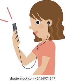 Profile of a brown-haired Japanese woman wearing wired earphones having online conversation on her smartphone