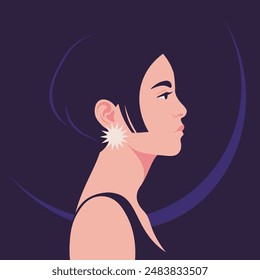 A profile of a brunette young woman. Side view. Fashion model. Vector flat illustration