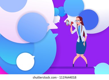 profile businesswoman hold megaphone new idea chat support over bubbles backgroung female emotion avatar, woman cartoon icon full length flat vector illustration