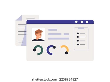 Profile card with personal information, data, customer statistics, abstract indicators. Account with avatar and individual rank, rate assessment. Flat vector illustration isolated on white background