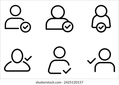 Profile with checkmark icon set, line outline art user account accepted symbol with tick, approved or applied person sign on white background
