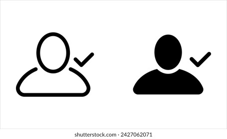 Profile with checkmark icon set, line outline art user account accepted symbol with tick, approved or applied person sign on white background