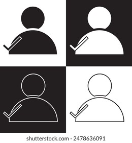 Profil mit aktiviertem Häkchen-Symbol, Linienumriss-Art-Benutzersymbol mit Häkchen, Account der genehmigten oder angewendeten Person auf weißem und schwarzem Hintergrund. Vektorillustration. EPS 10

