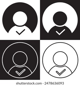 Profile with checkmark icon set, line outline art user account accepted symbol with tick, approved or applied person sign on white and black background. Vector illustration. EPS 10
