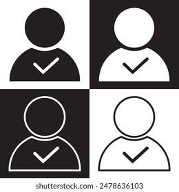 Profile with checkmark icon set, line outline art user account accepted symbol with tick, approved or applied person sign on white and black background. Vector illustration. EPS 10
