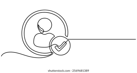 Profile with checkmark icon set, line outline art user account accepted symbol with tick, approved or applied person sign on white background, continuous one line drawing, Checkmark cross. Isolated.