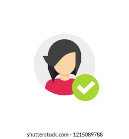 Profile With Checkmark Icon Vector, Flat Cartoon User Account Accepted Symbol With Tick, Approved Or Applied Person Sign, Validation Verified Pictogram, Authorized Or Choose Member Isolated