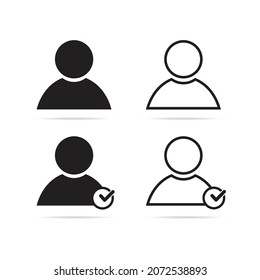 Profile with checkmark icon vector, line outline art user account accepted symbol with a tick, approved or applied person sign, validation verified pictogram, authorized member