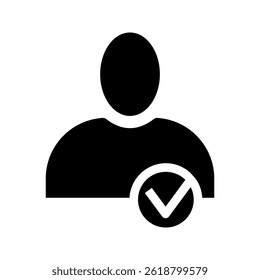 : Perfil com marca de seleção ícone vetor, linha contorno arte conta usuário símbolo aceito com tique, sinal de pessoa aprovada ou aplicada, validação verificado pictograma, membro autorizado isolado