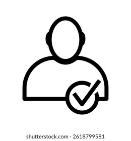 : Profile with checkmark icon vector, line outline art user account accepted symbol with tick, approved or applied person sign, validation verified pictogram, authorized member isolated