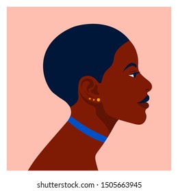 Profile of a cheerful African woman. The girl's face is on the side. Vector flat illustration