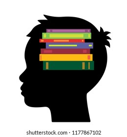 A profile of a child with books in his head. concept of learning. flat vector illustration isolated on white background