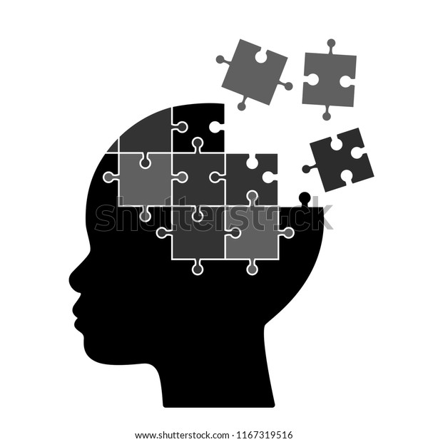 パズルのピースを持つ子どもの頭の輪郭が崩れる 精神疾患のコンセプトはアルツハイマー 自閉症です 白い背景に平らなベクターイラスト のベクター画像素材 ロイヤリティフリー