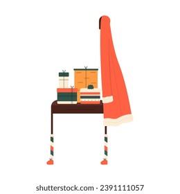 Сhair in profile. Christmas gifts on the chair for festive decoration. On the chair hanging a Santa sweatshirt. Flat vector illustration.