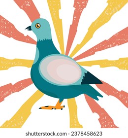 Profile of colorful blue pigeon on background with abstract retro rays. Vector illustration	