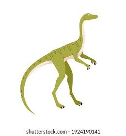 Profile of compsognathus dino. Extinct dinosaur of ancient jurassic period. Prehistorical character. Colored flat cartoon vector illustration isolated on white background