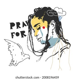 Profile of a crying young girl with a white dove. Inscription: Pray for. The concept of depression, addiction, mental disorder, hand drawn vector illustration