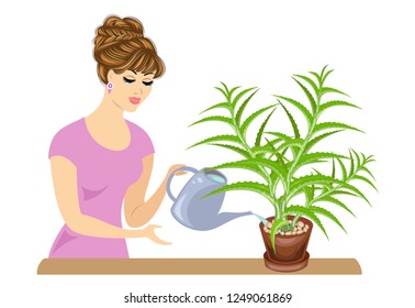Profile of a cute beautiful girl. Lady cares about the colors of the room, aloe scarlet cacti. A woman poured them water. Vector illustration.