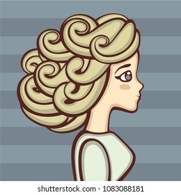 Profile of the cute girl with light curly hair. Fashion vector illustration. Beautiful Romantic portrait. Blonde woman.