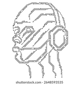 The profile of a cybernetic robot head wearing headphones with a microphone. The design is in the style of printed circuit board tracks. White background.