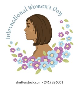 Profile of a dark-skinned girl in a wreath of flowers and the text International Women's Day