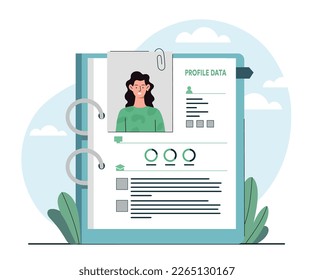 Profile data concept. Portfolio in resume of young beautiful woman. Analysis of personal information, assessment of abilities employee and candidate for vacancy. Cartoon flat vector illustration