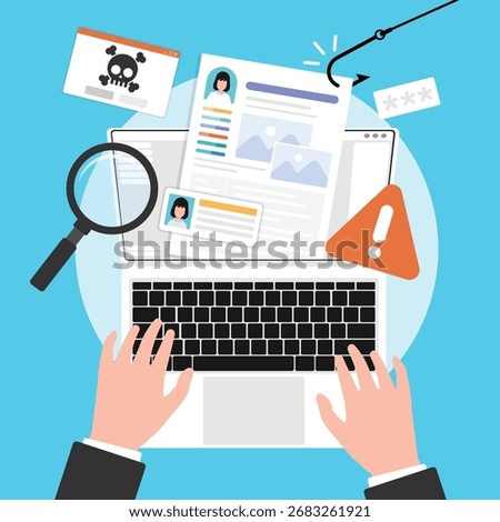Profile data phishing hacking on laptop with skull error icon notification.