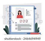 Profile data of woman. Document with data and personal information. Statistics and infographics of worker or employee. Flat vector illustration isolated on white background