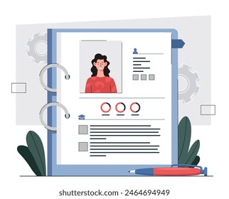 Profile data of woman. Document with data and personal information. Statistics and infographics of worker or employee. Flat vector illustration isolated on white background