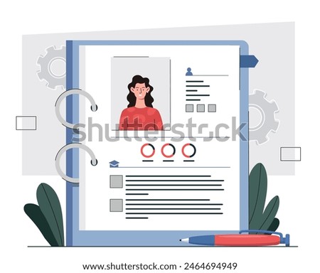 Profile data of woman. Document with data and personal information. Statistics and infographics of worker or employee. Flat vector illustration isolated on white background